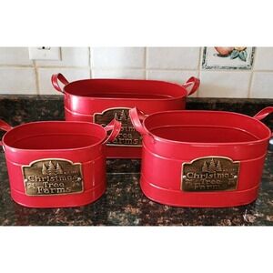 Christmas Tree Farms Decorative Red Nesting Tin Containers Set Of 3 Flower Pot